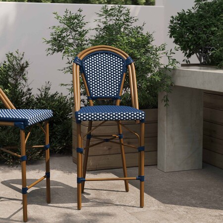 Flash Furniture Bordeaux Stackable IndoorOutdoor French Bistro 26 Counter Height Stool, NavyWhite and Bamboo SDA-AD642001-CS-NVYWH-NAT-GG